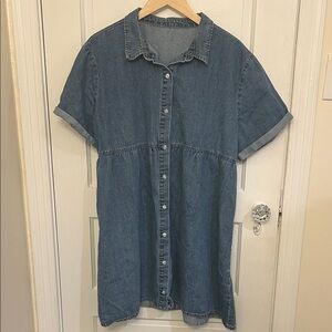 Button-Front Tiered Denim Shirt Dress - Blue